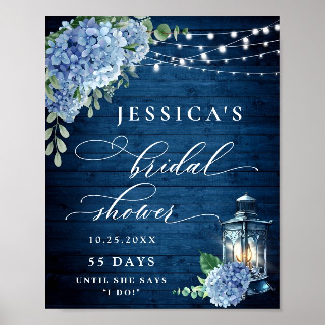 Póster Blue Hydrangea Lantern Wood Boho Bridal Shower (Frente)
