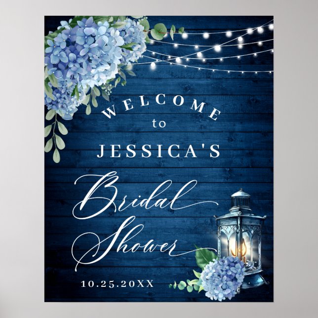 Póster Blue Hydrangea Lantern Wood Boho Bridal Shower (Frente)