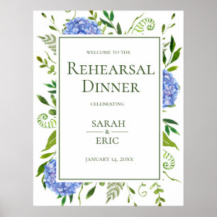 Póster Blue Hydrangeas Floral Rehearsal Dinner Sign