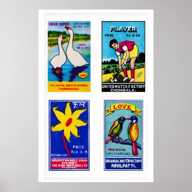 Póster Blue Indian Matchbox Labels Grid Print, Vintage (Frente)