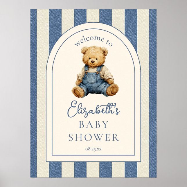 Póster Blue Jean Teddy Bear Baby Shower Welcome Sign (Frente)