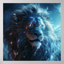 Póster Blue Lightning Lion Face Art