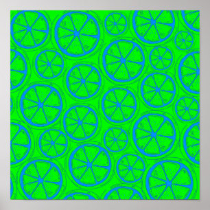 Póster Blue Lime Lemon Pattern with Neon Green Background