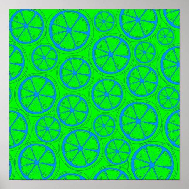 Póster Blue Lime Lemon Pattern with Neon Green Background (Frente)