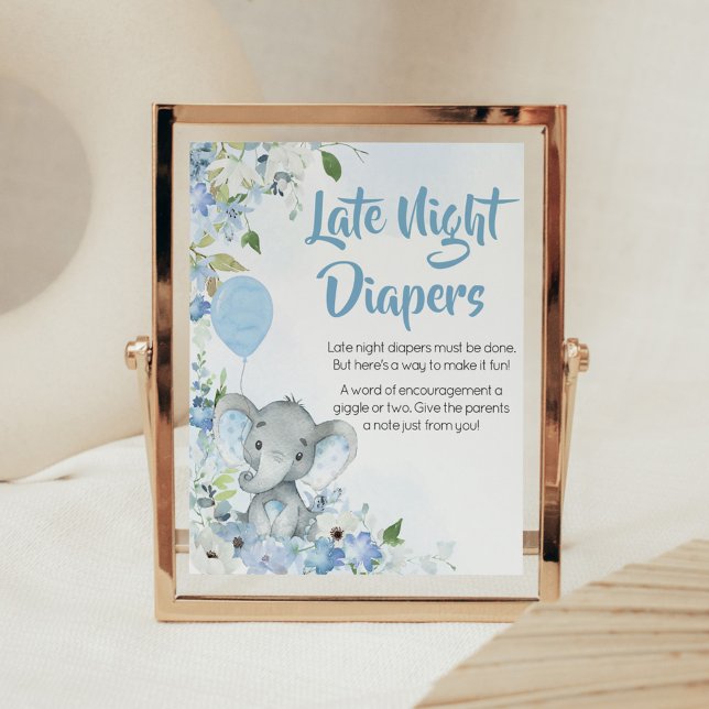 Póster Blue Little Peanut Elephant Late Night Diapers (Blue Elephant Little Peanut Baby Shower Late Night Diapers Sign)