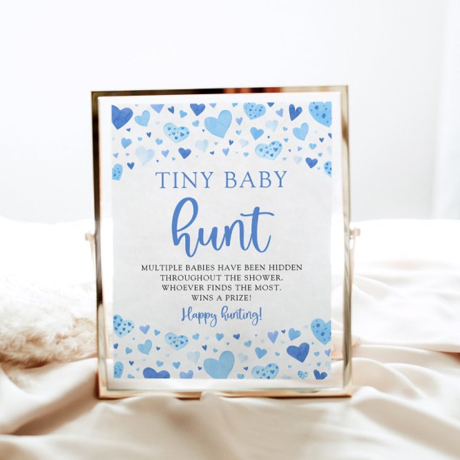 Póster Blue Little Slove Tiny Baby Hunt Shower Game (Watercolor Modern Cute Blue Hearts Valentine Sweetheart Boy Tiny Baby Hunt Baby Shower Game Sign)