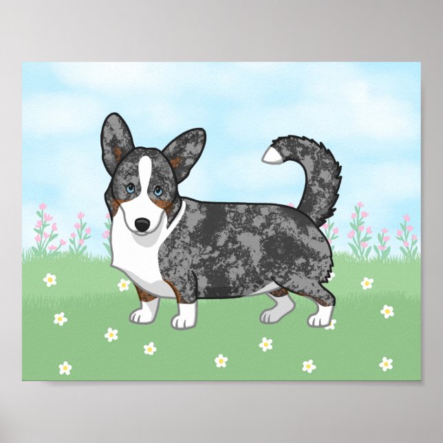 Póster Blue Merle Cardigan Welsh Corgi Flowers (Frente)