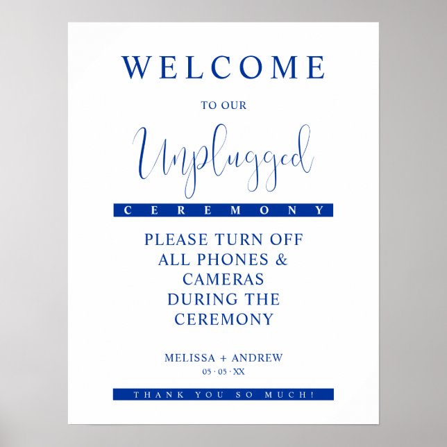 Póster Blue Minimalist Unplugged Wedding Sign (Frente)
