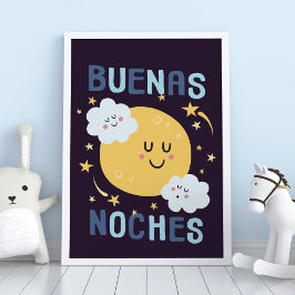 Póster Blue Moon and Stars Nursery Art in Spanish Poster