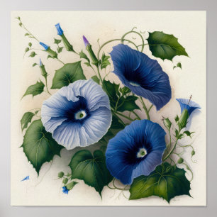 Póster Blue Morning Glory Flowers Art Print Poster