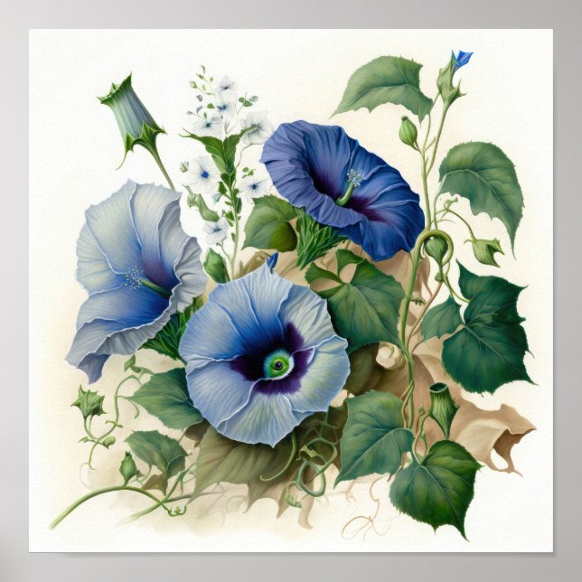 Póster Blue Morning Glory Flowers Art Print Poster (Frente)