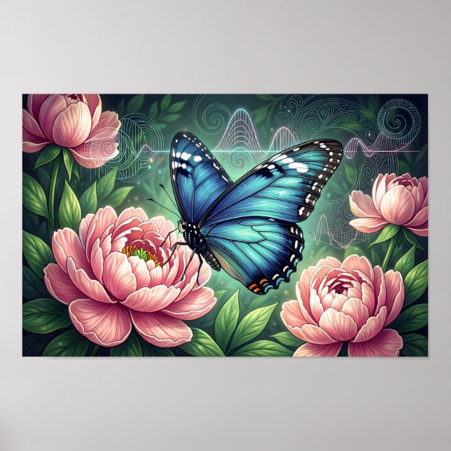 Póster Blue Morpho Butterfly Floral Botanical Art (Frente)