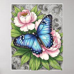 Póster  Blue Morpho Butterfly Floral Botanical Art 