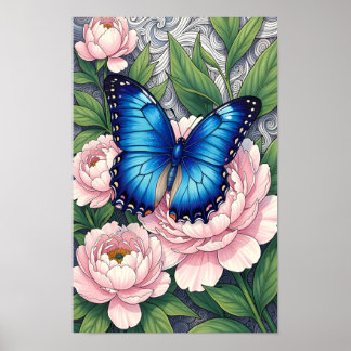 Póster Blue Morpho Butterfly Floral Botanical Art Poster