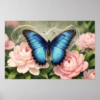 Póster Blue Morpho Butterfly Floral Botanical Art Poster