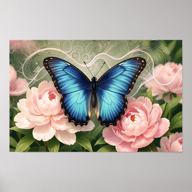 Póster Blue Morpho Butterfly Floral Botanical Art Poster (Frente)
