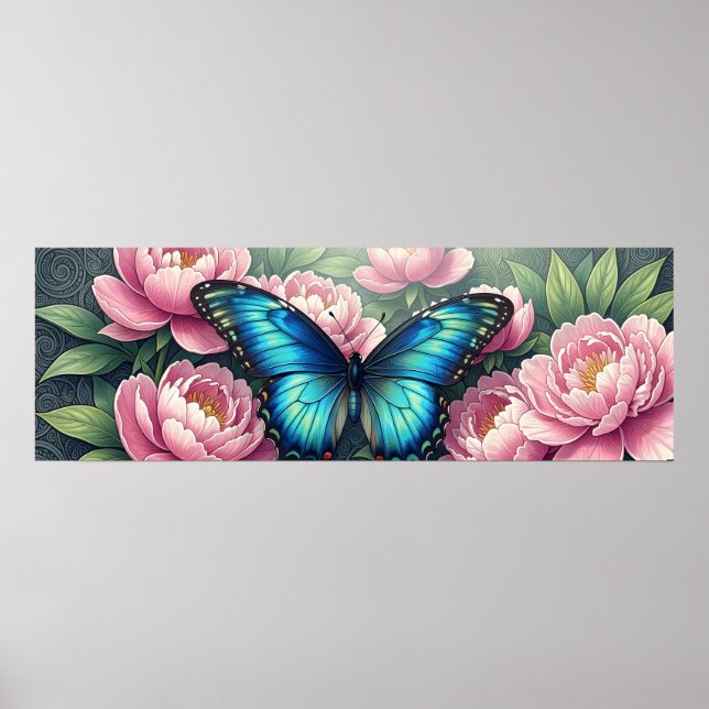 Póster Blue Morpho Butterfly Floral Botanical Art Poster (Frente)