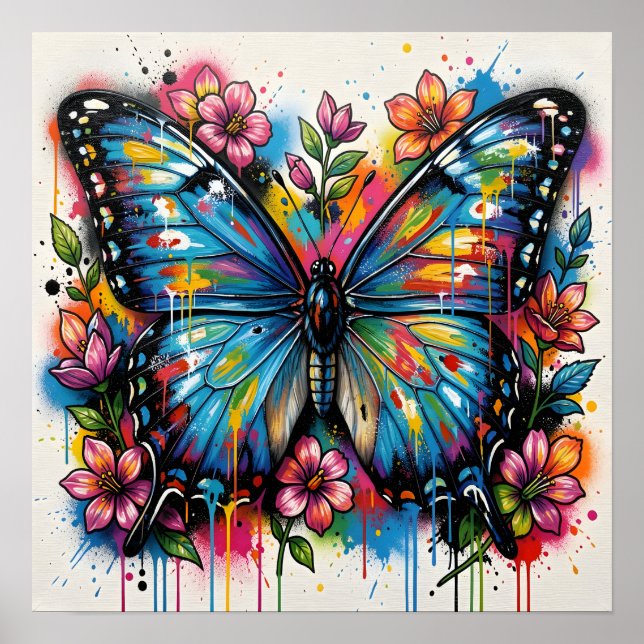 Póster Blue Morpho Butterfly Street Art Graffiti Grunge (Frente)