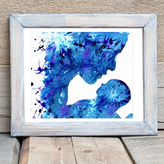 Póster Blue Mother & Child Watercolor Abstract Art (Mother and child modern abstract blue watercolor art poster by artist Catherine Sweetman )