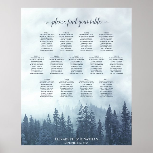 Póster Blue Mountain Pine Trees 13 Table Seating Chart (Frente)