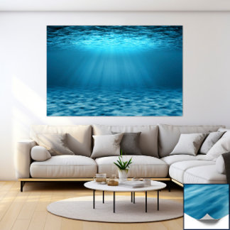 Póster Blue Ocean Underwater Scene with Sunlight Rays