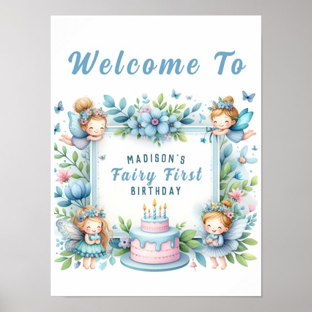 Póster Blue Pastel Floral Fairy First Birday - (Frente)
