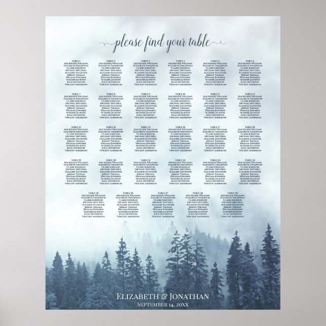 Póster Blue Pine Trees 29 Table Wedding Seating Chart (Frente)