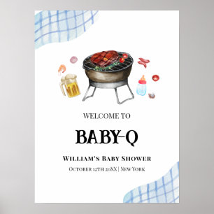 Póster Blue Plaid Retro Baby Q Bienvenida Baby Shower