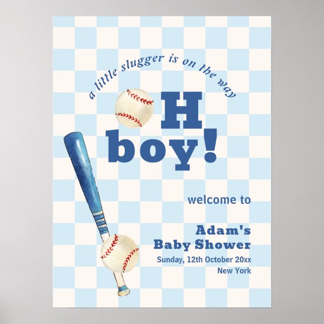 Póster Blue Plaid Slugger Baseball Baby Shower Welcome  (Frente)
