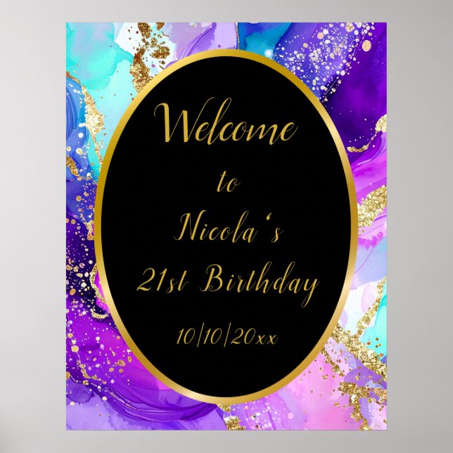 Póster Blue, Purple and Gold Ink Birthday Party Welcome (Frente)