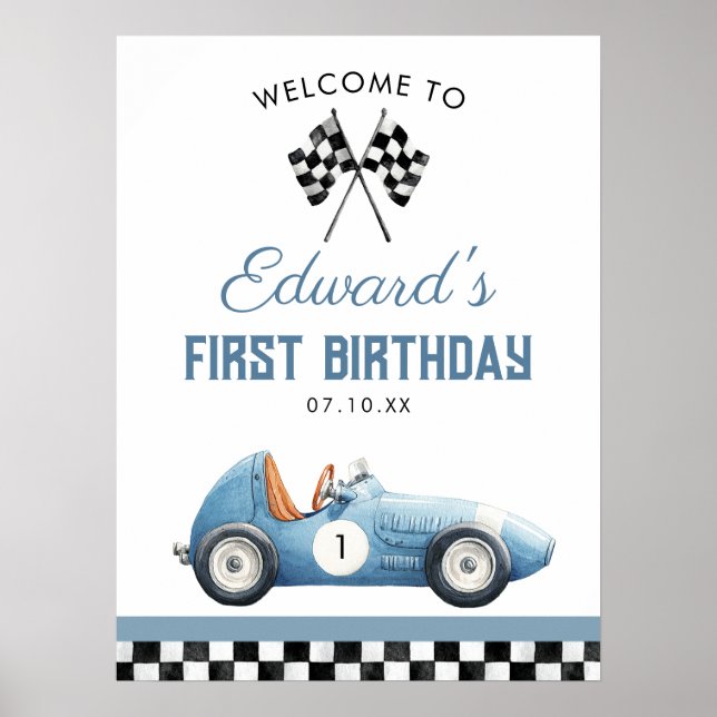 Póster Blue Race Car 1st Birthday Welcome Sign (Frente)