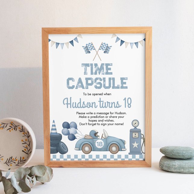 Póster Blue Race Car Boy Birthday Time Capsule Sign (Subido por el creador)