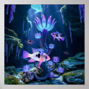 Póster Blue Ram Cichlids Fantasy Acuario Surreal Pescado