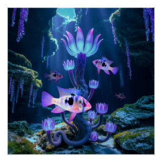 Póster Blue Ram Cichlids Fantasy Acuario Surreal Pescado