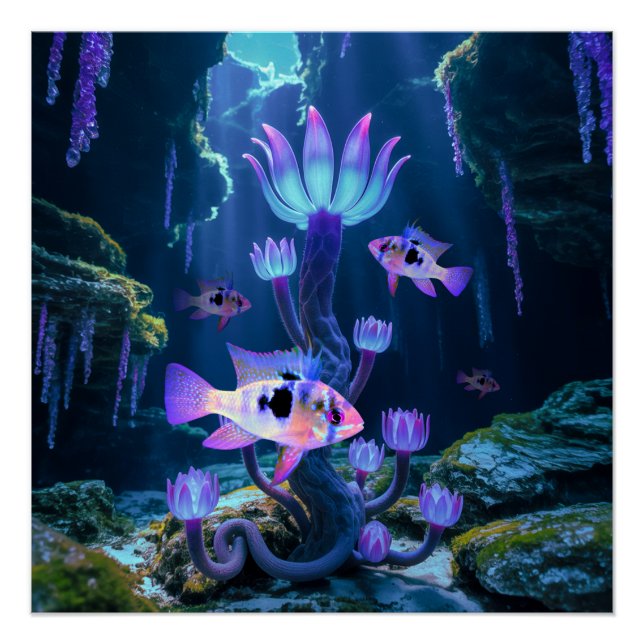 Póster Blue Ram Cichlids Fantasy Acuario Surreal Pescado (Anverso)