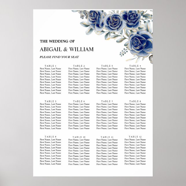 Póster Blue Romantic Floral Wedding Seating Chart Poster (Frente)