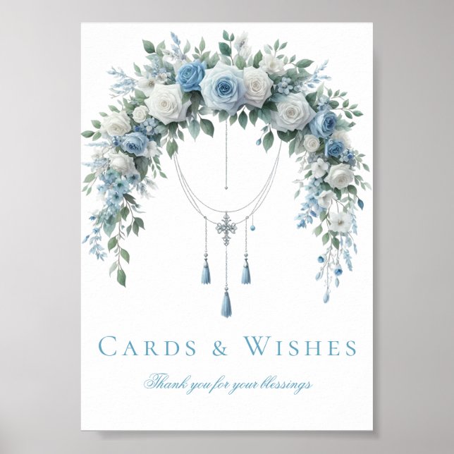 Póster Blue Rose & Silver Cross Baptism Cards & Wishes  (Frente)
