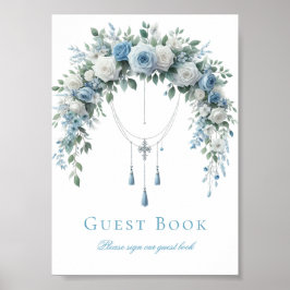 Póster Blue Rose & Silver Cross Baptism Guest Book Sign