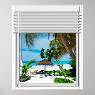 Póster Blue Sea Beach View Fake Window With Blinds