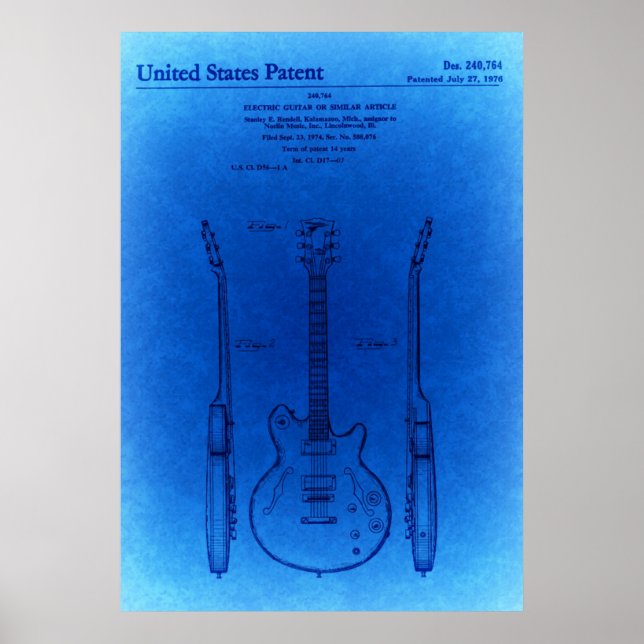 Póster Blue Sketch Jazz Guitar estilo cuerpo hueco Patent (Frente)