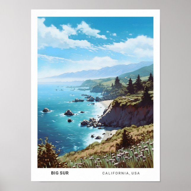 Póster Blue Sky en Big Sur California USA Viajes de época (Frente)