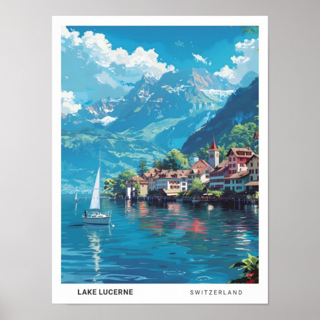 Póster Blue Sky en el Lago Lucerne Suiza Viaje (Frente)
