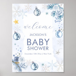 Póster Blue Snowflake Flower Winter Baby Shower Welcome