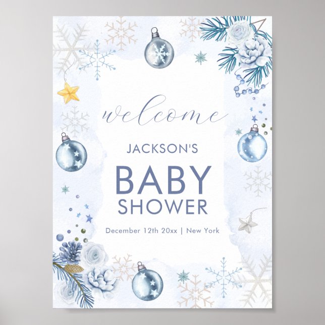 Póster Blue Snowflake Flower Winter Baby Shower Welcome (Frente)