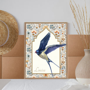 Póster Blue Sparrow Ornate Wildflower Personalizado Wall 