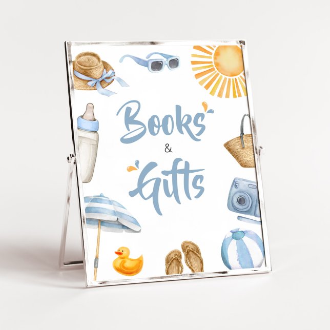 Póster Blue Splish salpicar libros y regalos de Baby Show (Boy Summer Beach Baby Shower Books and Gifts Sign )