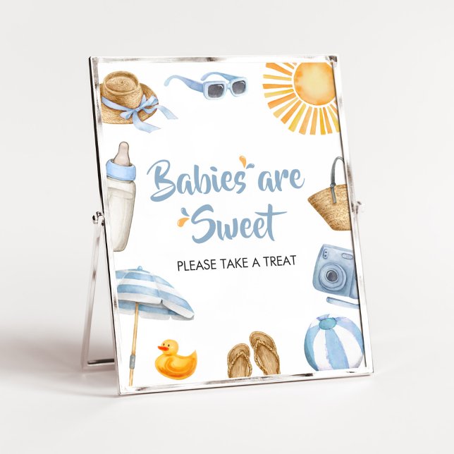 Póster Blue Splish Splash Baby Shower Los bebés son dulce (Boy Summer Beach Baby Shower Babies are Sweet Sign)