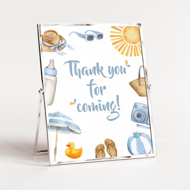 Póster Blue Splish Splash Gracias por venir (Boy Summer Beach Baby Shower Thank you for Coming Sign)