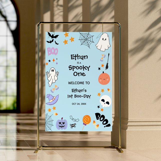 Póster Blue Spooky One Halloween 1er cumpleaños Bienvenid (Blue Spooky One Cute Ghost Halloween 1st Birthday Welcome Sign )