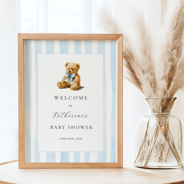 Póster Blue Stripes Bear Baby Shower Welcome Poster (Subido por el creador)